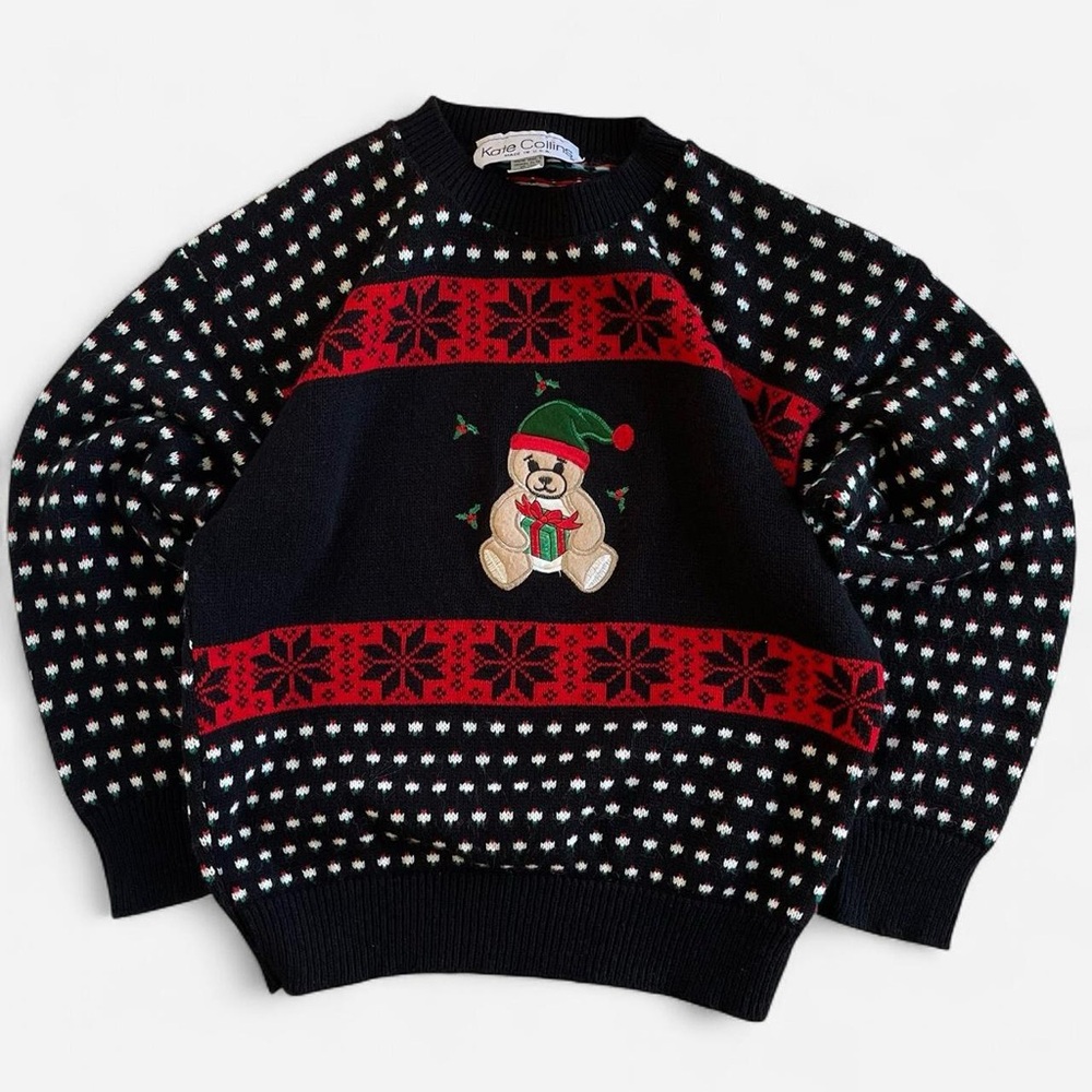Vintage Kate Collins Black Embroidered Christmas Teddy Bear Snowflakes Sweater